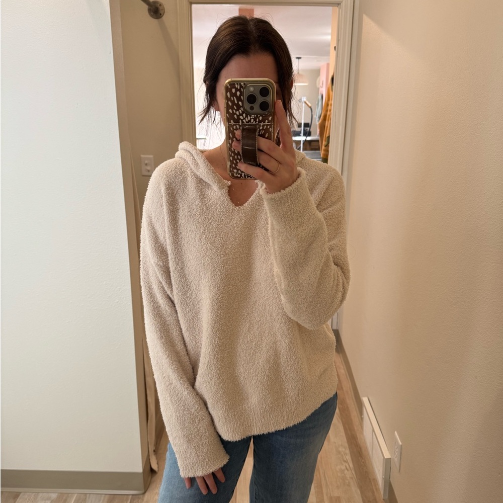 Cozy Hooded Plush Sweater with Cut Neckline - Cream